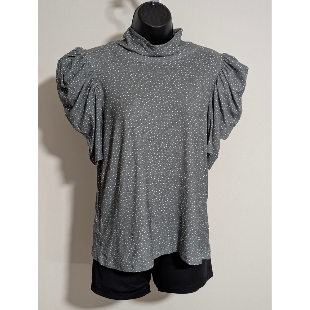 Nation LTD Dawn Femme Polka Dot Top Mock TurtleNeck Puff Sleeve Blouse Gray L